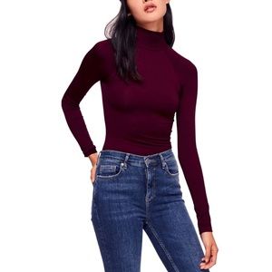 Free People Wine Burgundy Mock Turtleneck skin tight layering top with open back
